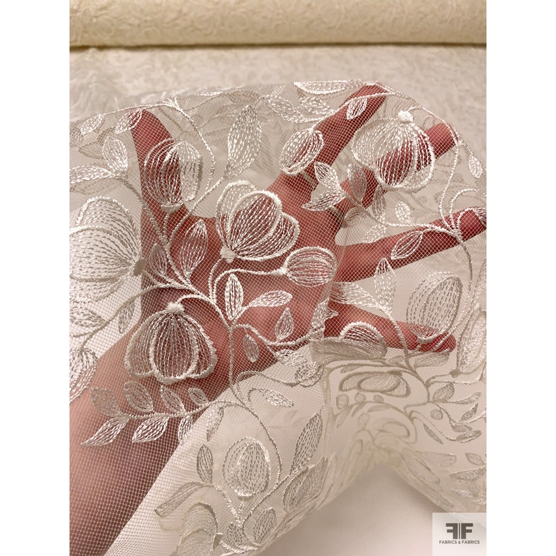 Italian Floral Vine Embroidered Tulle – Off-White Fabric by the Yard