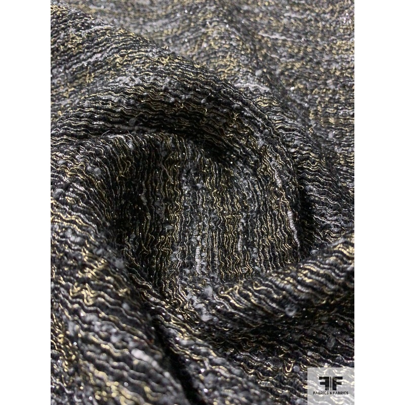 Italian Glam Wavy Striped Tweed Suiting with Lurex Fibers – Black / Grey / Antique Gold Fabric by the Yard