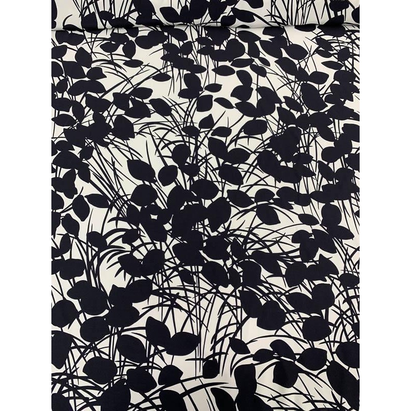 Italian Leaves and Stems Silhouette Matte-Side Printed Silk Charmeuse – Black / White Fabric by the Yard