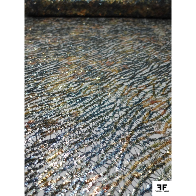 Lightweight Metallic Printed Guipure Lace with Sequins – Dusty Turquoise / Gold / Rose Gold Fabric by the Yard