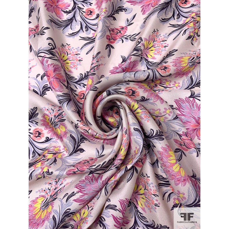 Lush Floral Printed Fine Silk Twill – Orchid Pinks / Purples / Yellow Fabric by the Yard