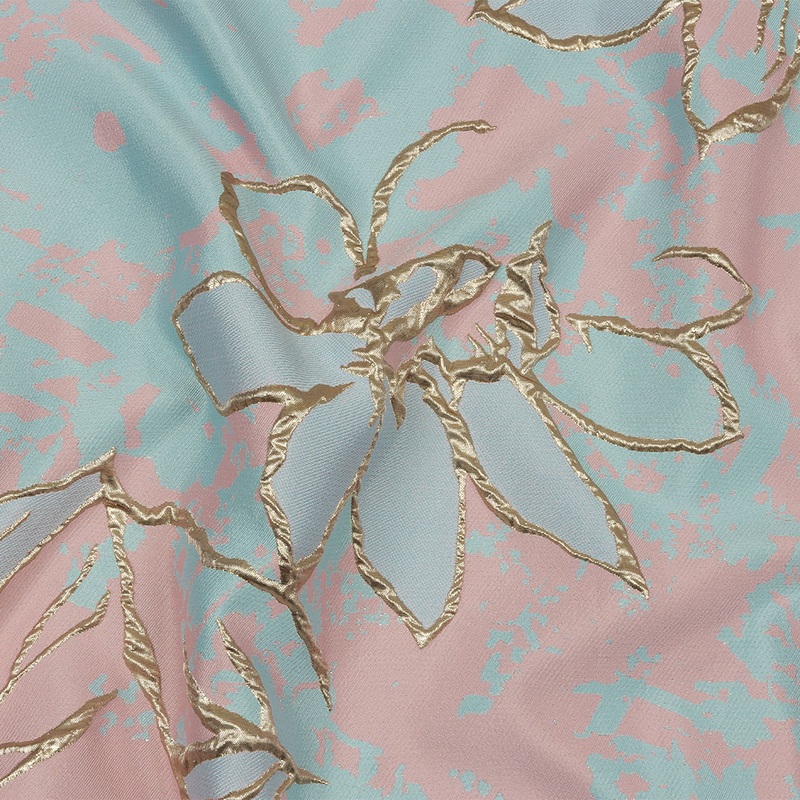 Metallic Gold, Pink and Sky Blue Mottled Floral Outlines Luxury Brocade