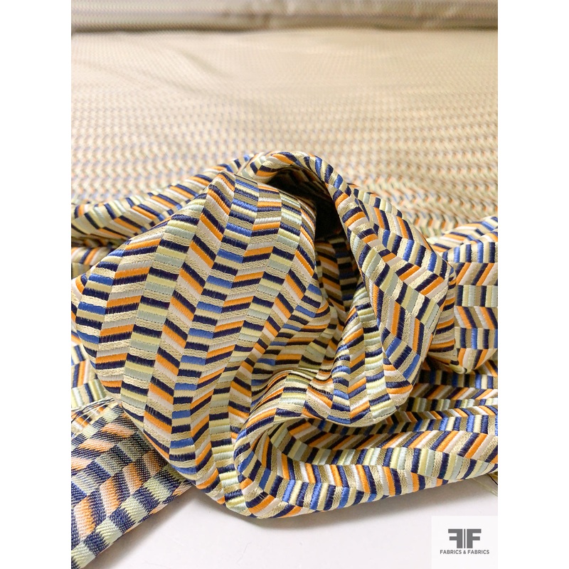 Modern Herringbone-Like Silk Necktie Jacquard Brocade – Turmeric / Navy / Blue / Beige Fabric by the Yard