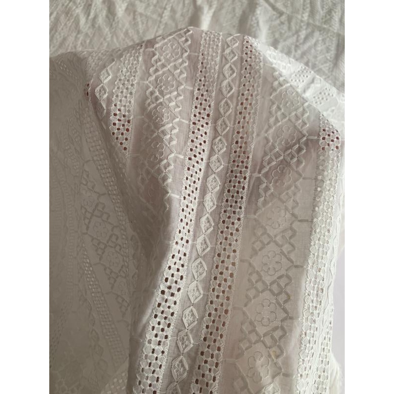 Stripe Pattern Embroidered Cotton Voile Eyelet – Off-White Fabric by the Yard