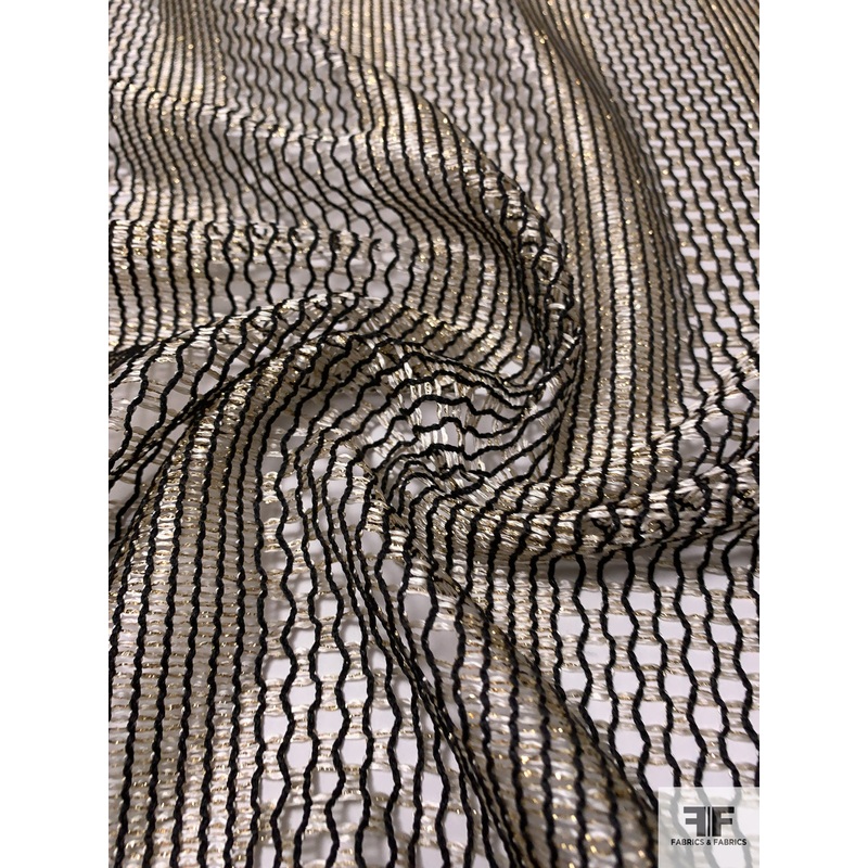 Striped Open-Weave Metallic Mesh Lace – Gold / Black / Off-White Fabric by the Yard