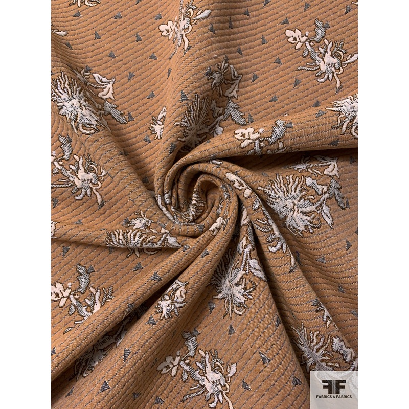 Triangles Floral and Diagonal Striped Metallic Brocade – Tan / Off-White / Blue / Black Fabric by the Yard