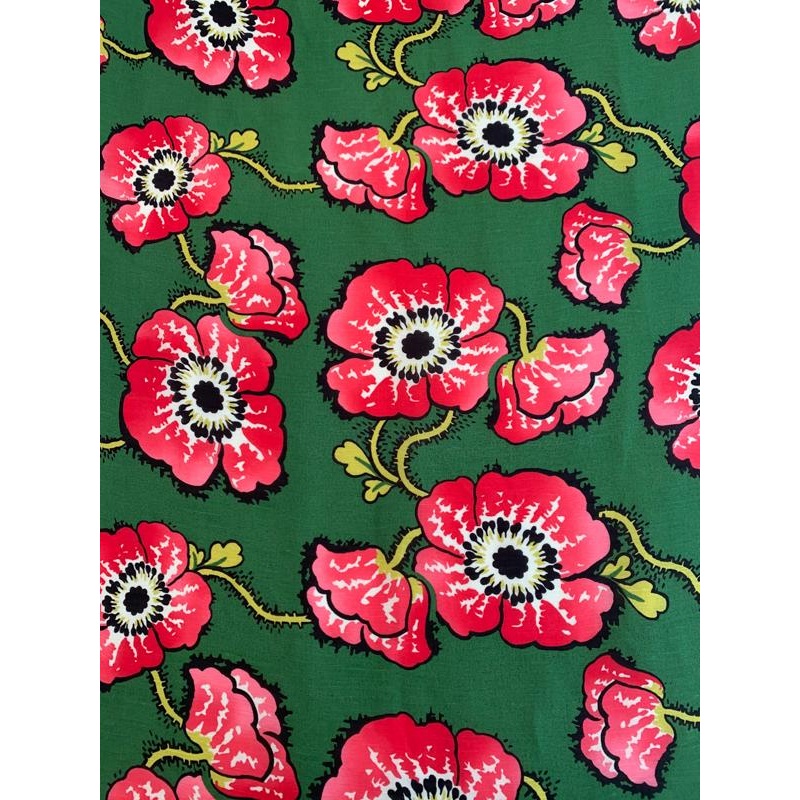 Vibrant Floral Printed Silk Gauze – Green / Strawberry Red / Yellow Fabric by the Yard