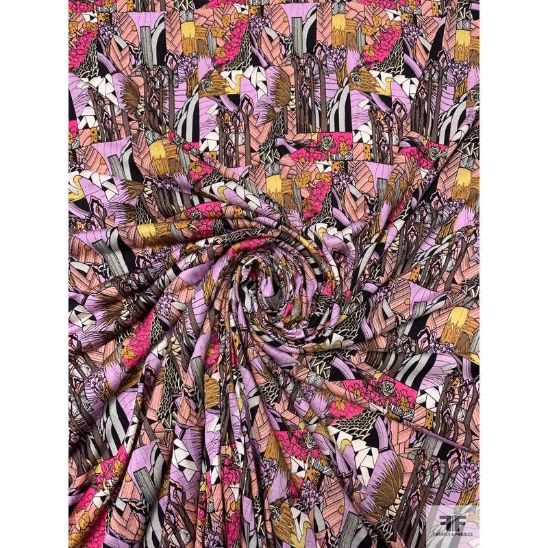 Art Deco Jungle Fantasy Printed Silk Jersey Knit – Pinks / Lavender / Ochre / Black Fabric by the Yard