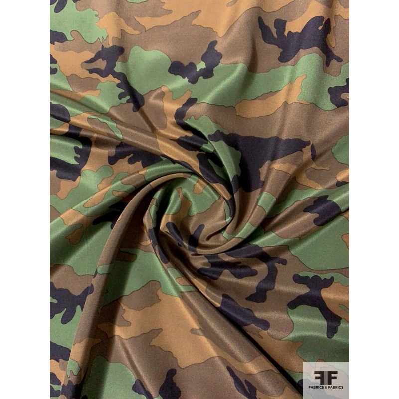 Camouflage Printed Silk Crepe de Chine – Army Green / Browns / Black Fabric by the Yard