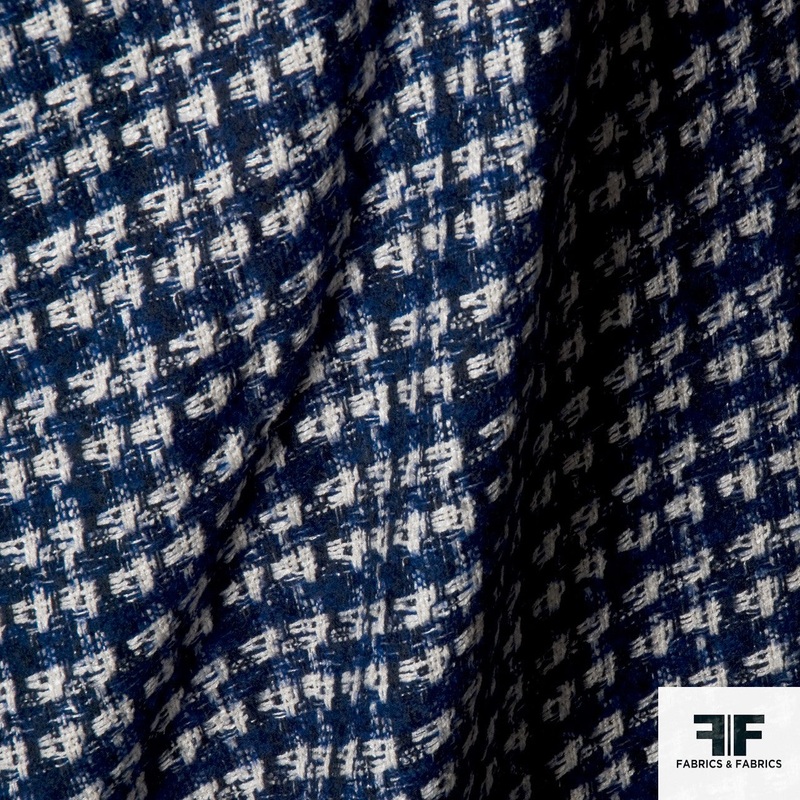 Checkered Wool Tweed with Fused Back – Blue Fabric by the Yard