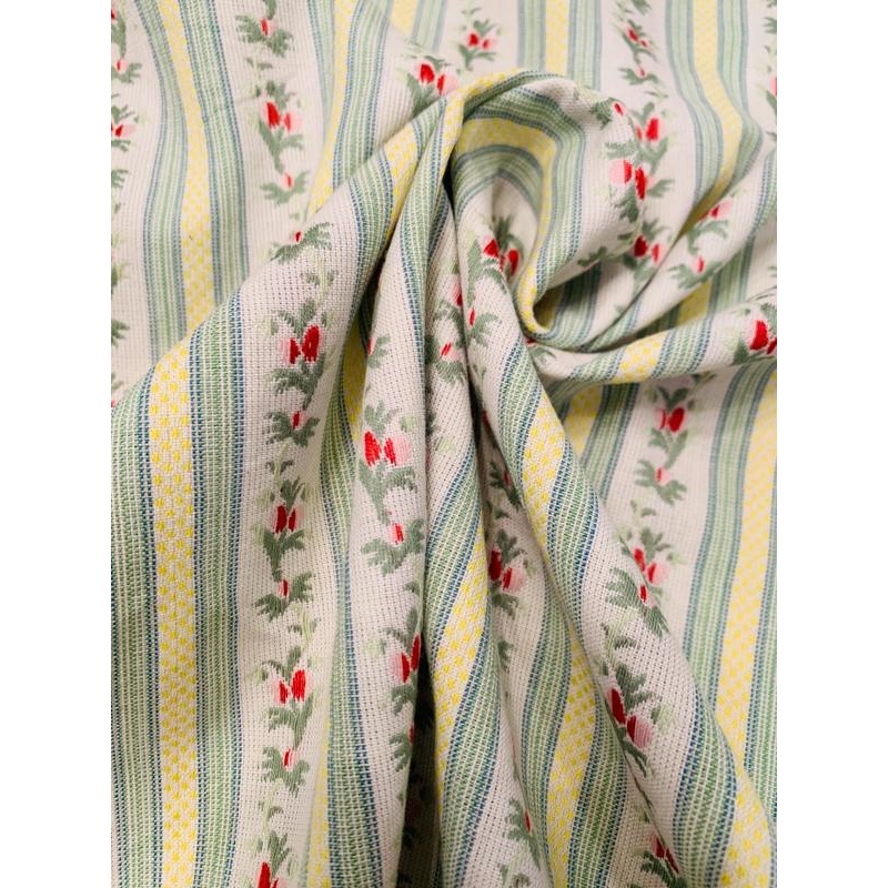 Country Living Floral Striped Yarn-Dyed Home Decorative Cotton – Blue / Sage / Yellow / Red Fabric by the Yard