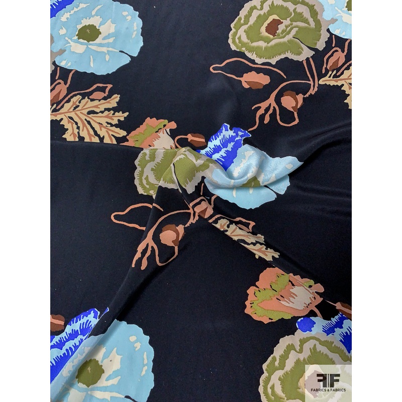 Diagonal Floral Printed Silk Crepe de Chine – Sky Blue / Lime / Dusty Coral / Black Fabric by the Yard