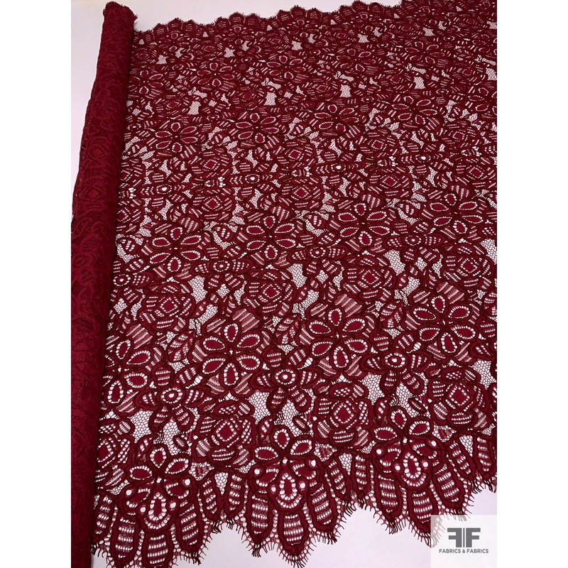 Double-Scalloped Floral Corded Lace Strip – Maroon / Burgundy Lace by the Strip
