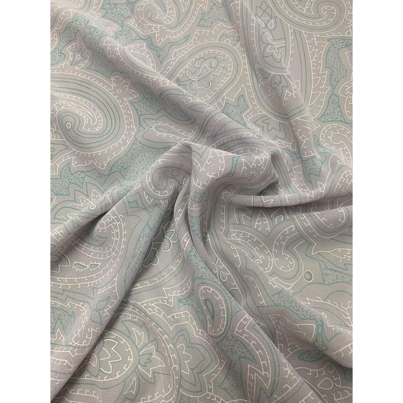 Egyptian Hieroglyphic Paisley Printed Silk Chiffon – Pastel Lavender / Teal / White Fabric by the Yard