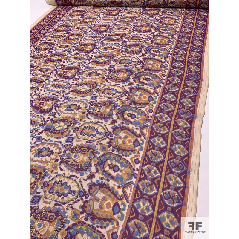 Ethnic Printed Silk Chiffon with Lurex Pinstripes – Purple / Periwinkle / Orange / Yellow / Nude Fabric by the Yard
