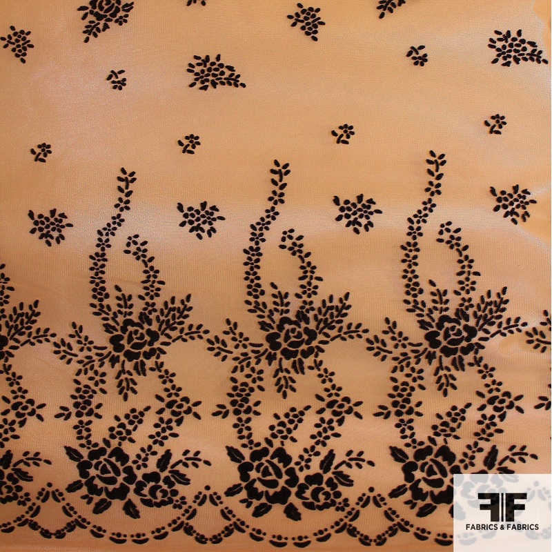 Floral Flocked Tulle – Tan/Black Fabric by the Yard