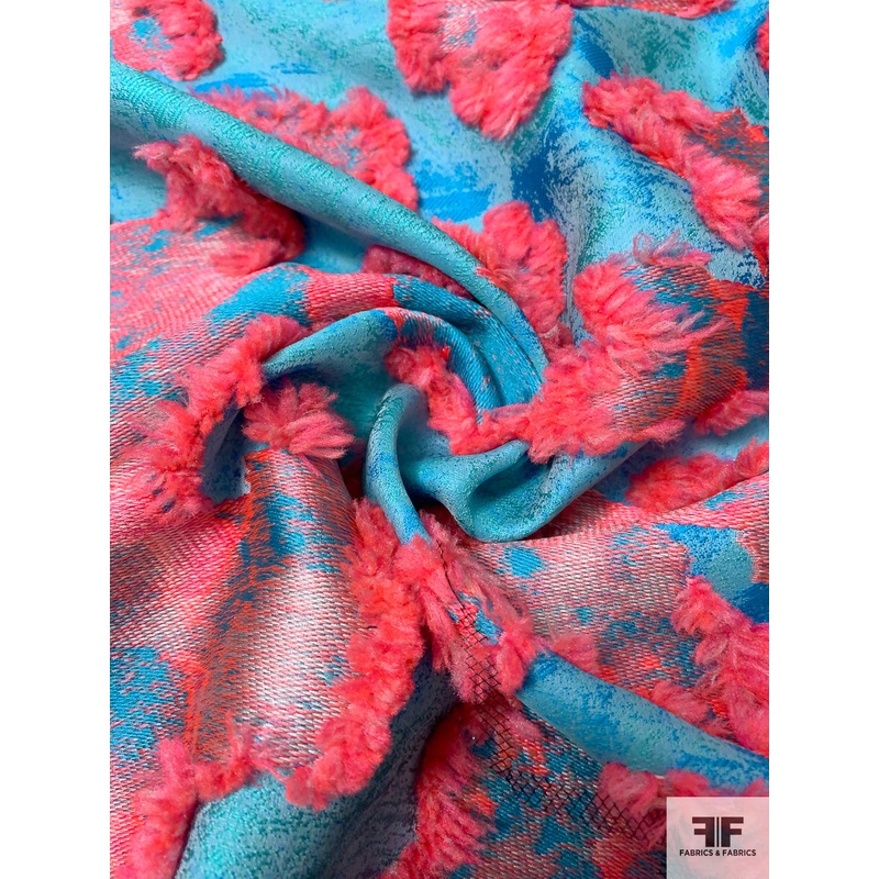 Frayed Floral Pattern Brocade – Turquoise Blue / Cerise Pink Fabric by the Yard