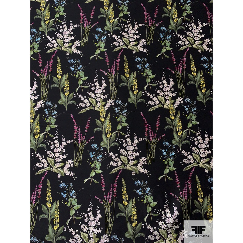 Garden Floral Printed Silk-Cotton Mikado – Black / Greens / Pink / Yellow / Blue Fabric by the Yard