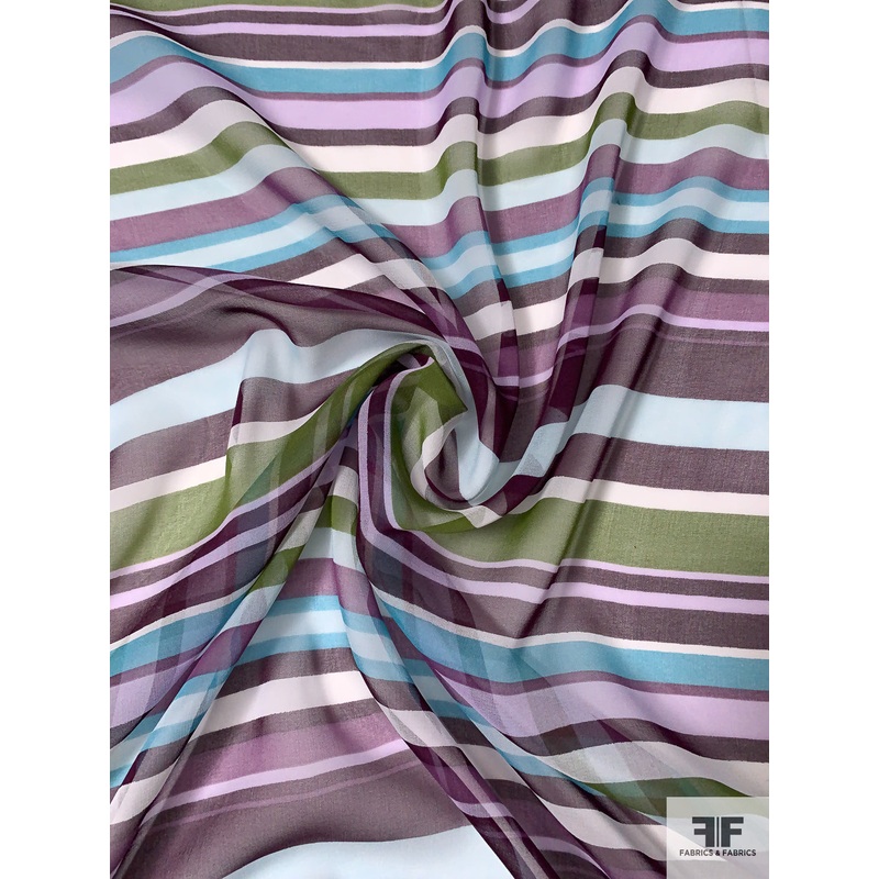 Horizontal Multi-Size Striped Printed Silk Chiffon – Eggplant / Olive Green / Turquoise Fabric by the Yard