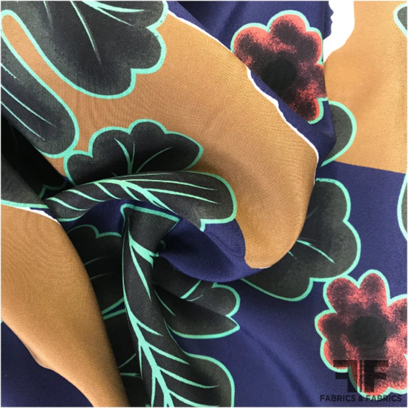 Italian Abstract Leaf-Graphic Crepe De Chine – Multicolor Fabric by the Yard