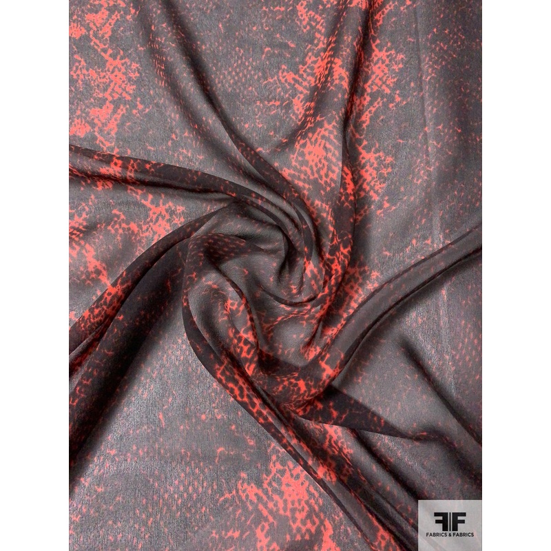Italian Linear Snakeskin Pattern Printed Silk Chiffon – Raspberry / Black Fabric by the Yard