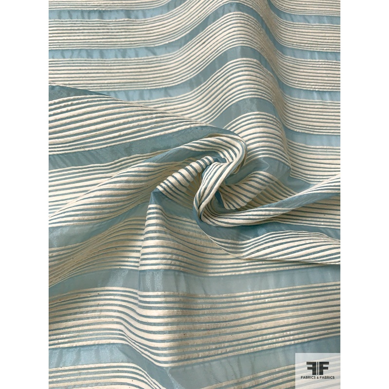 Italian Polyester Organza with Horizontal Cotton Yarn Stripes – Dusty Aqua / Cream Fabric by the Yard