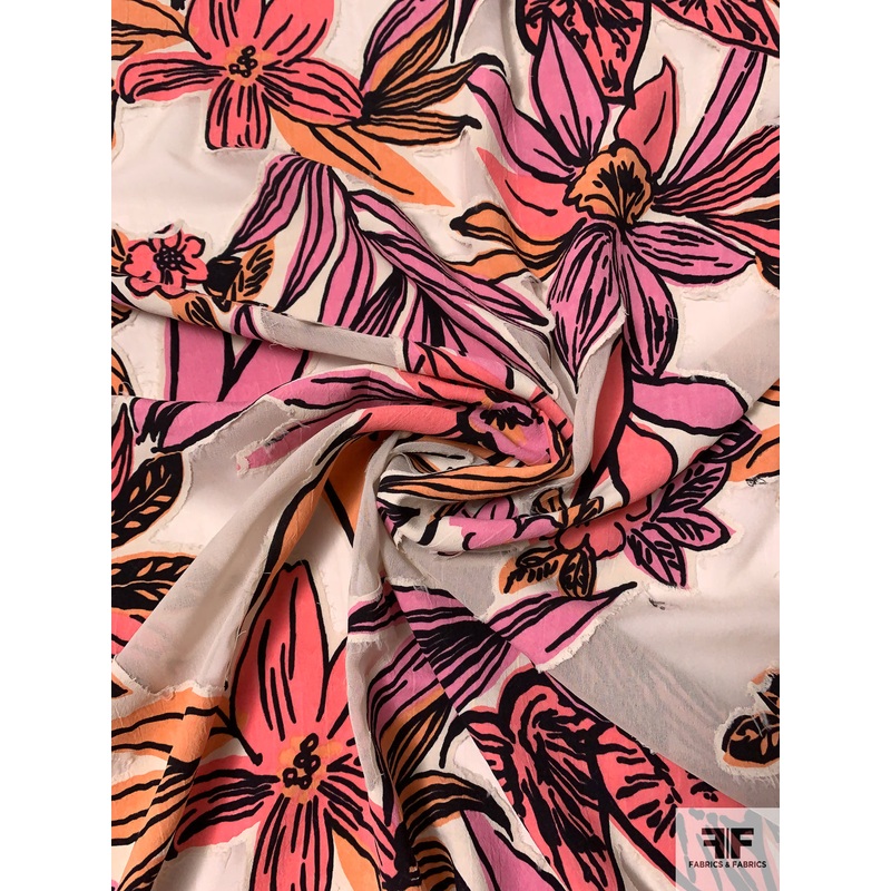 Italian Prabal Gurung Tropical Floral Design Appliqud onto Chiffon – Coral / Peach / Orchid / Beige Fabric by the Yard