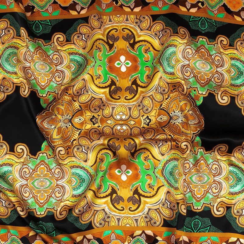 Mood Exclusive Italian Black, Gold and Green Floral Tile Silk Charmeuse