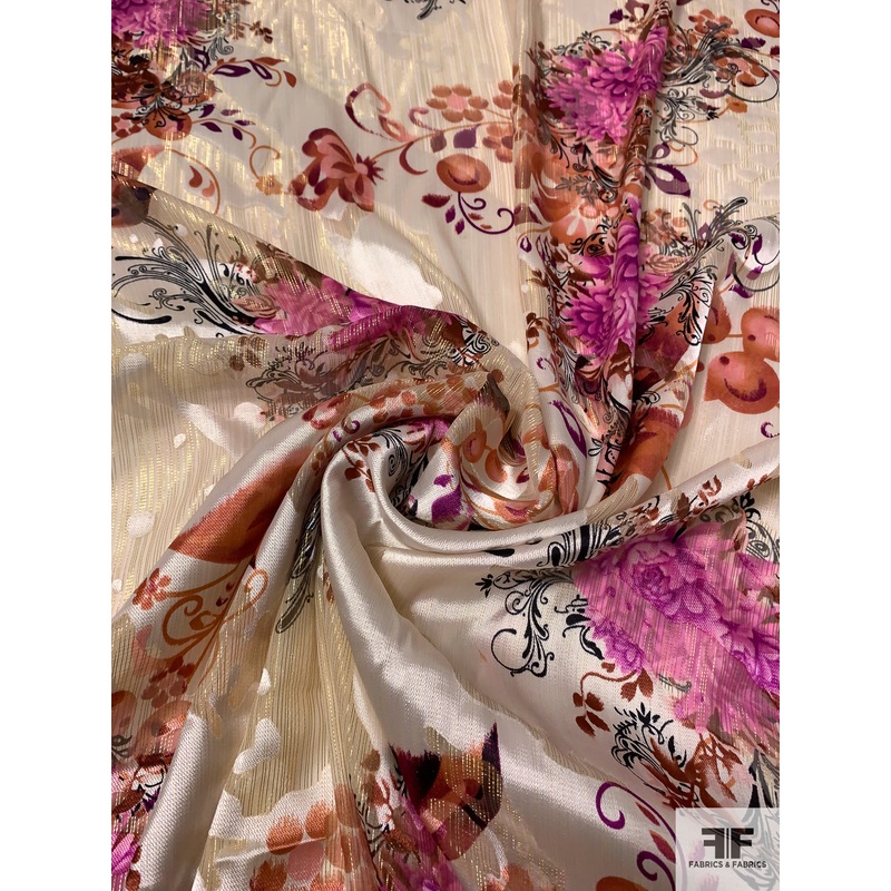 Ornate Floral Bouquets Printed Burnout Chiffon with Lurex Pinstripes – Sand / Gold / Magenta / Brick Fabric by the Yard