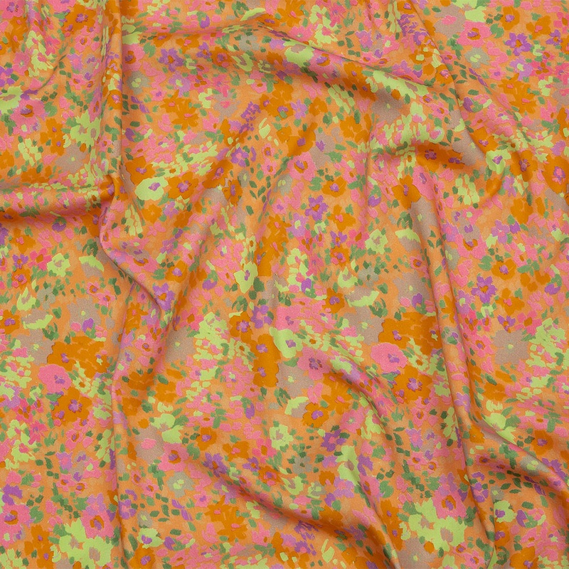 Stretch Cotton and Viscose Sateen Print – Pink and Orange Floral – Mood Exclusive Sunburst
