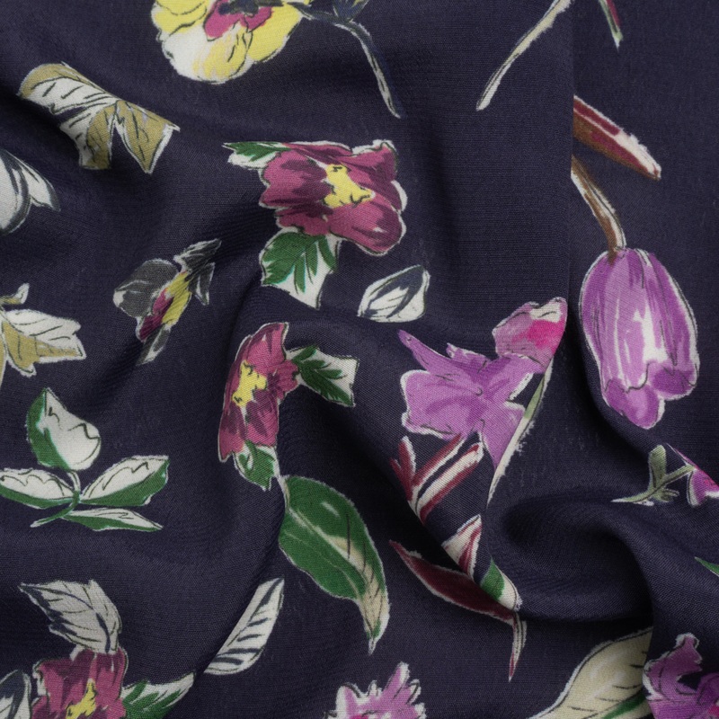 Sustainable Viscose Crepe Print – Purple, Navy, and Yellow Floral – Mood Exclusive Tulip Fever