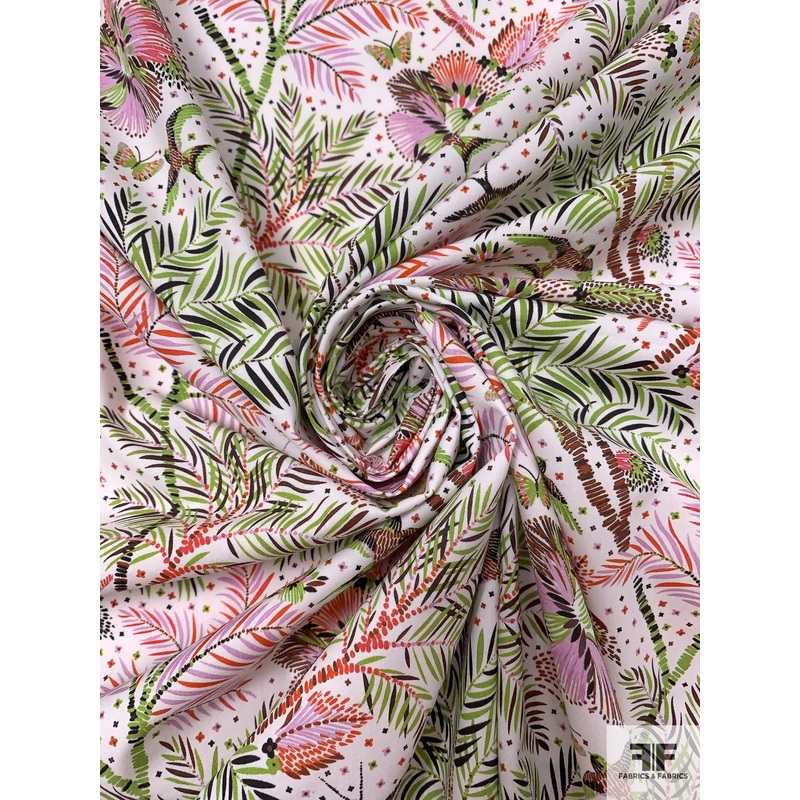 Tropical Leaf and Birds Printed Cotton Lawn – Pear-Lime / Orchid Pink / Orange / Brown / White Fabric by the Yard