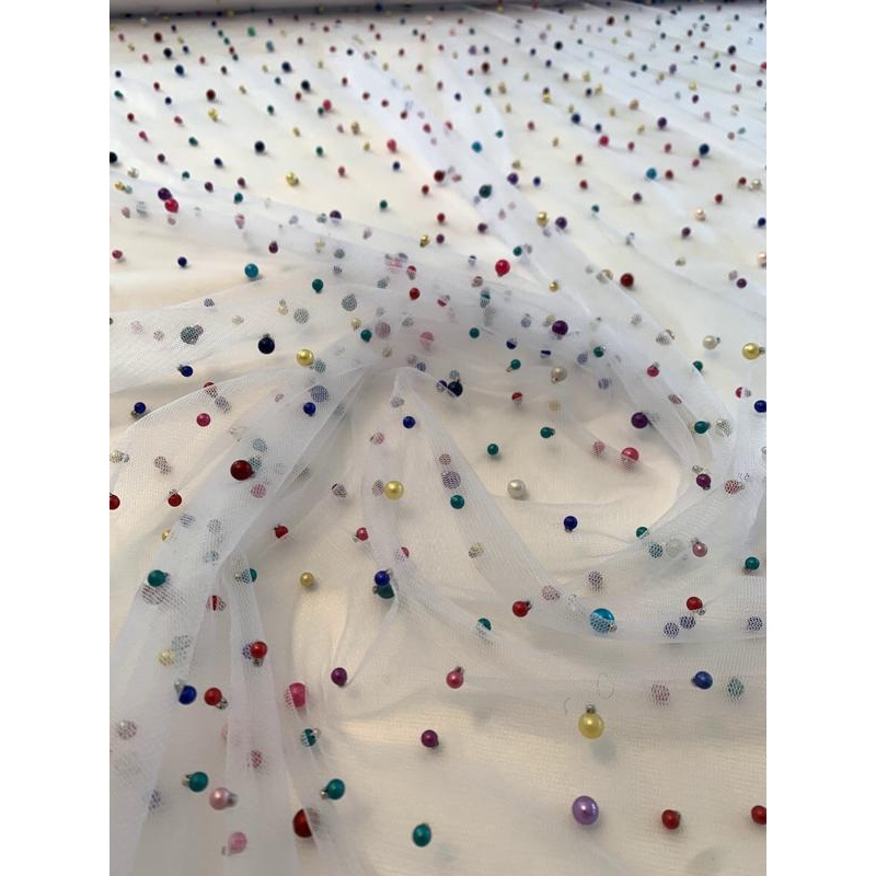 Tulle with Pearls – White / Multicolor Fabric by the Yard