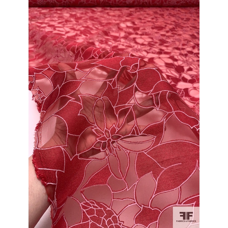Floral Burnout Polyester Blend Organza – Red / White Fabric by the Yard