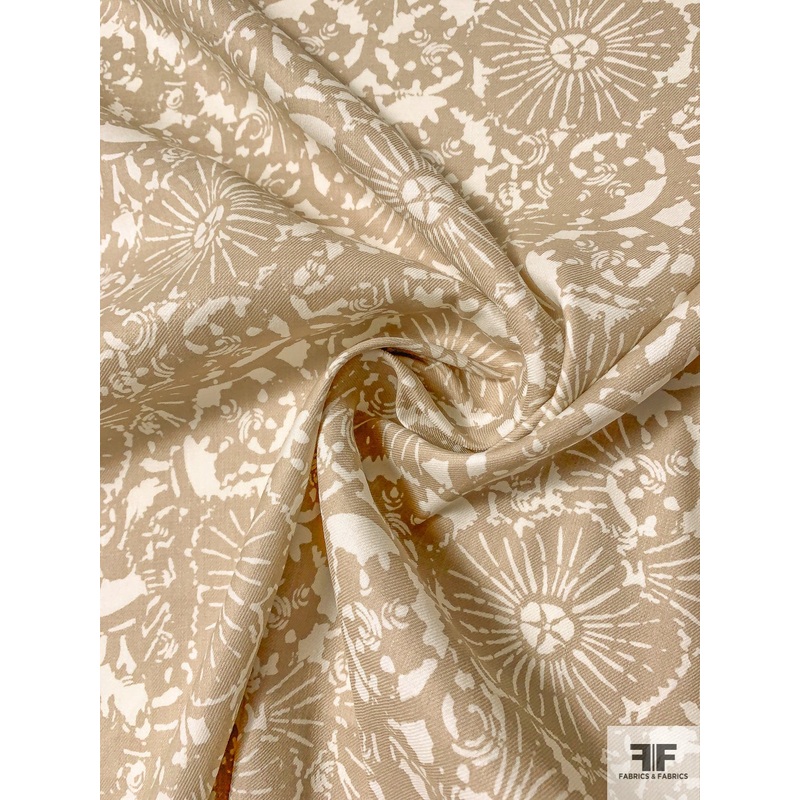 Floral Graphic Printed Stretch Cotton Twill – Tan / Ivory Fabric by the Yard