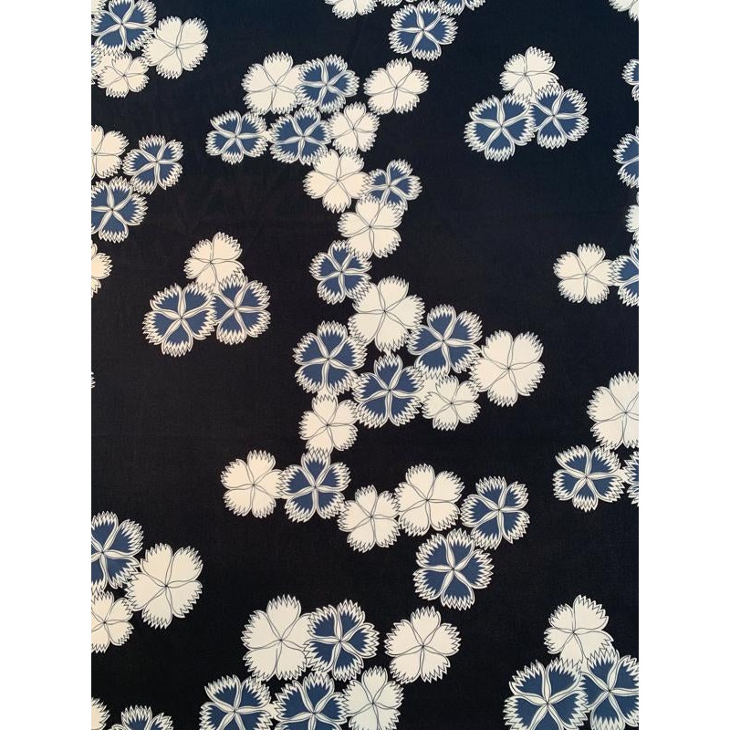 Floral Maze Stretch Silk Chiffon – Black / White / Cadet Blue Fabric by the Yard