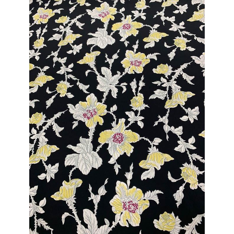 Floral Vine Matte Printed Silk Charmeuse – Black / Off-White / Yellow Fabric by the Yard