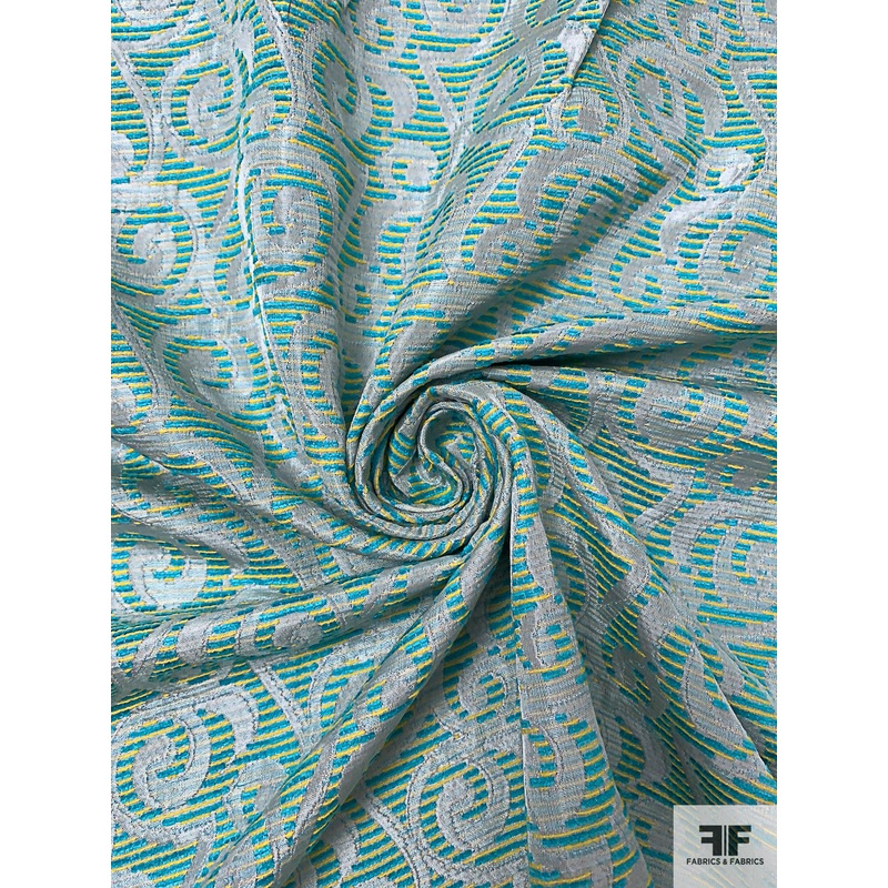 French Ornate Vine Chenille-Like Brocade – Turquoise / Yellow / Grey Fabric by the Yard