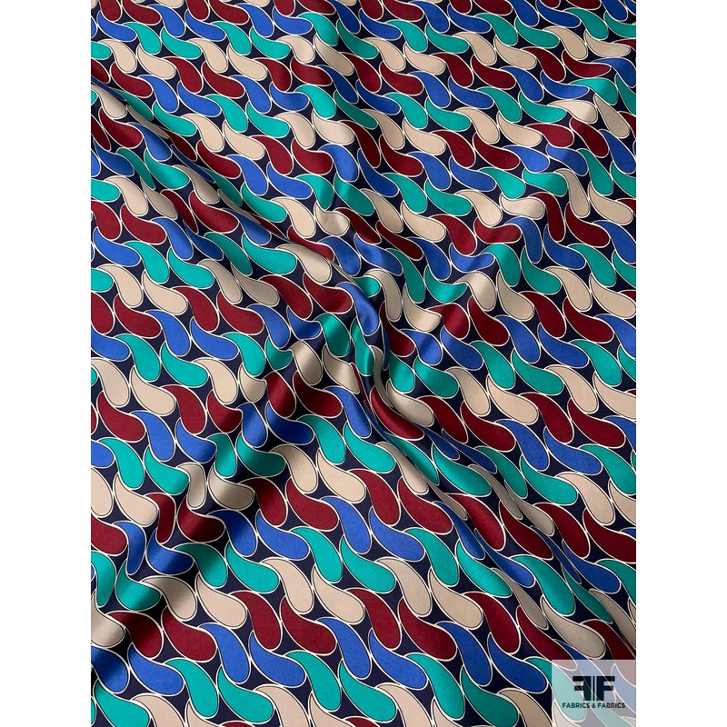 Italian Field of Teardrops Printed Fine Silk Twill – Turquoise / Blue / Burgundy / Beige Fabric by the Yard