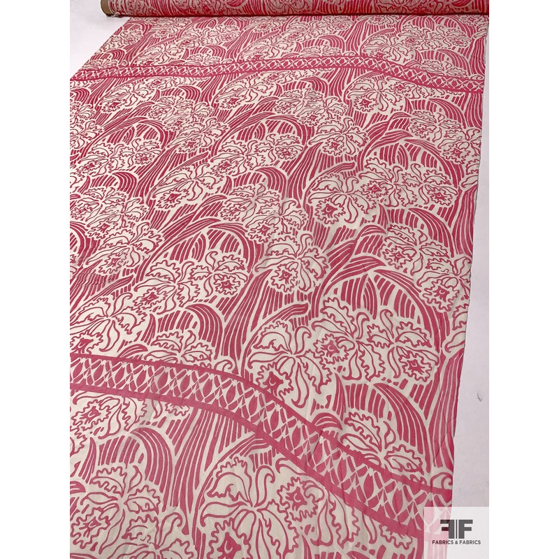 Jungle Leaf Inspired Printed Silk Chiffon Panel – Bright Pink / Ivory-Sand Fabric by the Panel