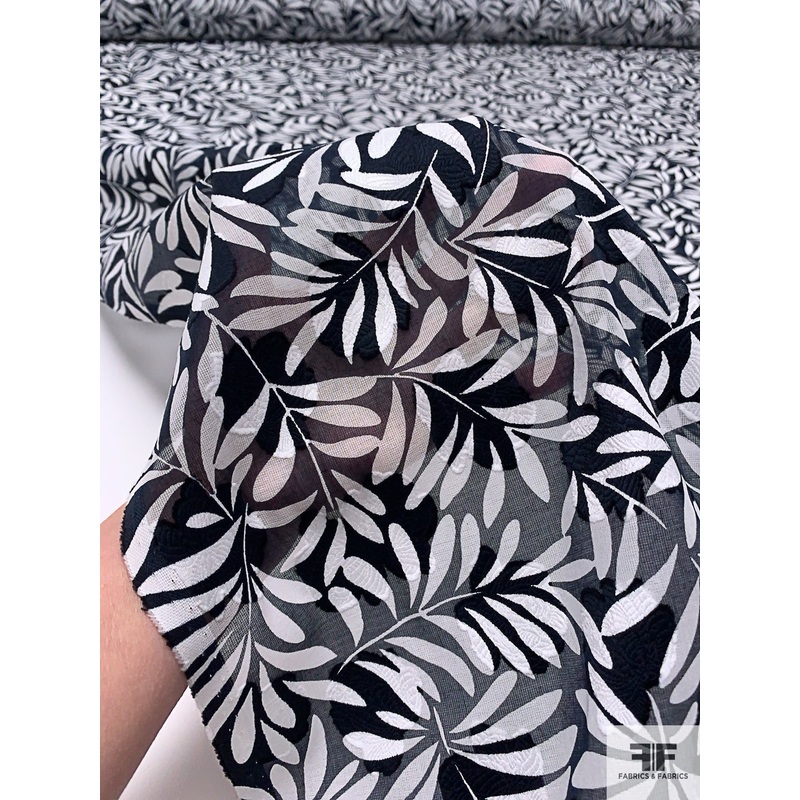 Made in Switzerland Floral Burnout and Leaf Stems Printed Jacquard Cotton Voile – Black / White Fabric by the Yard
