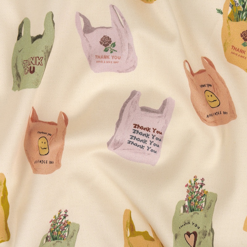 Stretch Cotton Sateen – Purple, Yellow and Green Shopping Bags – Come Again Soon Print – Mood Exclusive Wisteria Collection