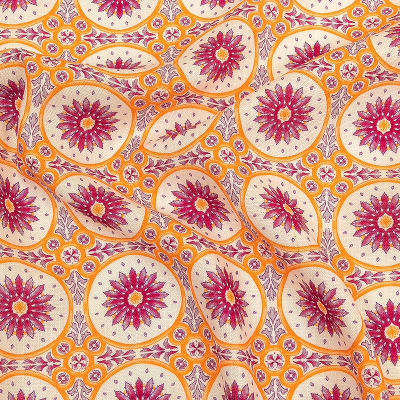 Viscose and Linen Woven Print – Magenta and Orange Floral Tiles – Mood Exclusive Sao Bento