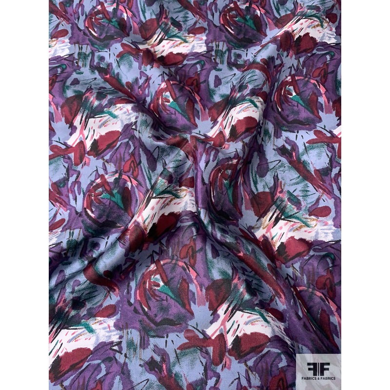 Abstract Painterly Floral Printed Vintage Silk Twill – Dusty Sky Blue / Merlot / Purple / Teal-Green Fabric by the Yard
