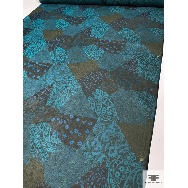 Angular Patchwork Printed Silk Chiffon – Teal / Turquoise / Black / Green / Olive Fabric by the Yard