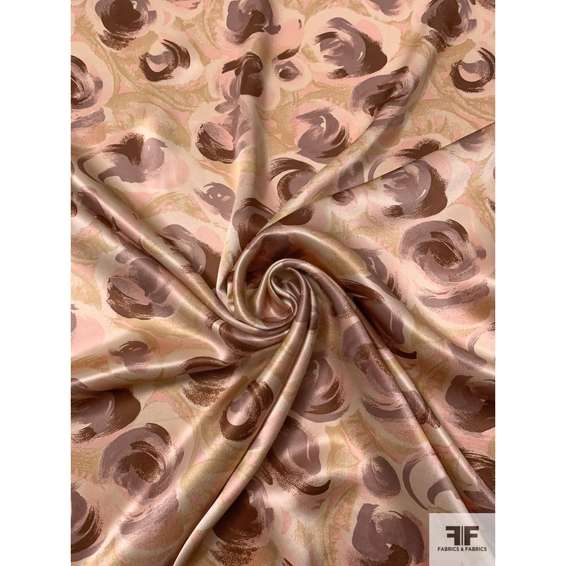 Brushstroke Floral Printed Silk Charmeuse – Tan / Brown / Beige / Dusty Pink Fabric by the Yard