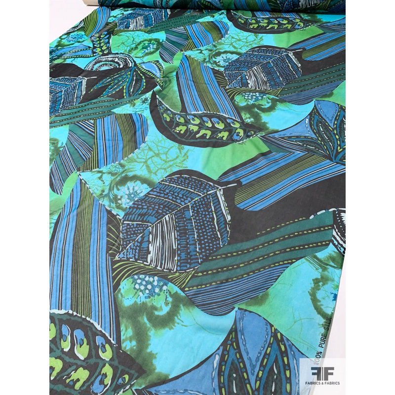 Exotic Leaf Graphic Collage Printed Silk Chiffon – Turquoise / Teal / Lime / Black Fabric by the Yard