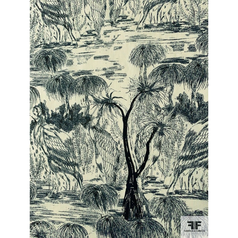 Exotic Toile Printed Stretch Cotton Shirting – Sand / Black Fabric by the Yard