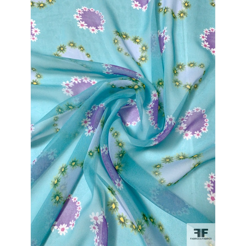 Flowers in Circles Printed Silk Chiffon – Soft Turquoise / Orchid Purple / Greens Fabric by the Yard