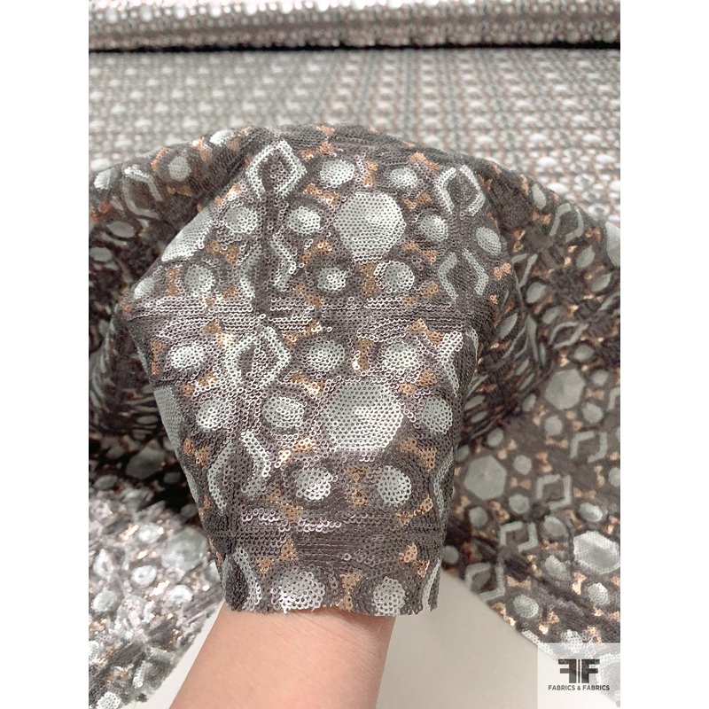 J Mendel Fine Sequins in Geometric Pattern on Tulle – Dark Grey / Light Grey Fabric by the Yard
